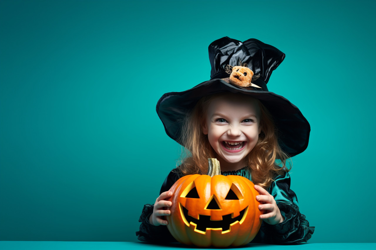 A picture of a small, adorable witch with a pumpkin on a bright blue background, halloween celebration image