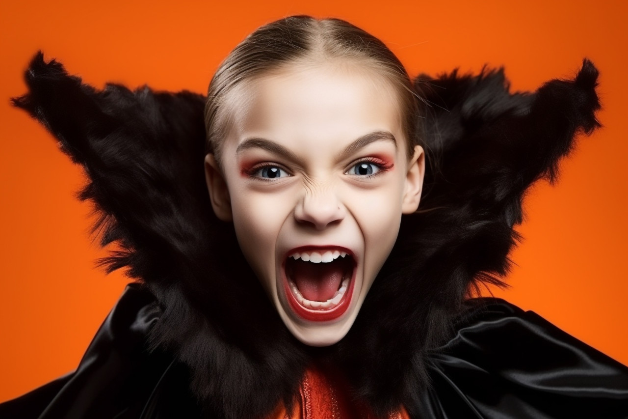 A picture of a young girl with fun halloween makeup and a dracula cape, against an orange background, halloween celebration photo