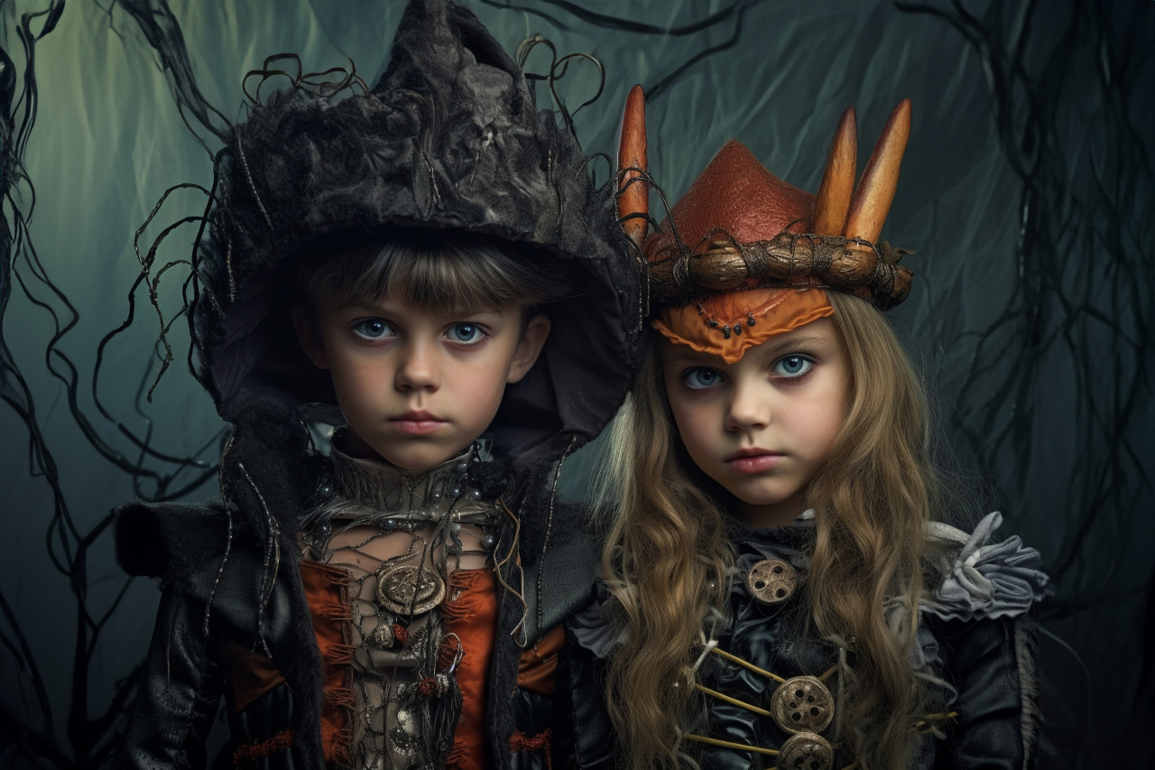 Picture of young kids in halloween costumes going trick or treating, halloween celebration image