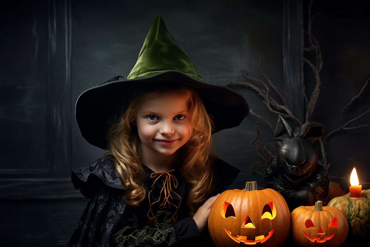 A cute photo of a little witch and her pumpkin, halloween celebration photo