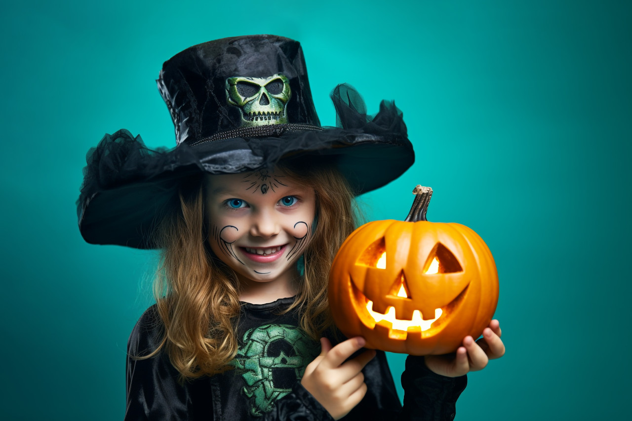 A picture of a small, adorable witch with a pumpkin on a bright blue background, halloween celebration photo
