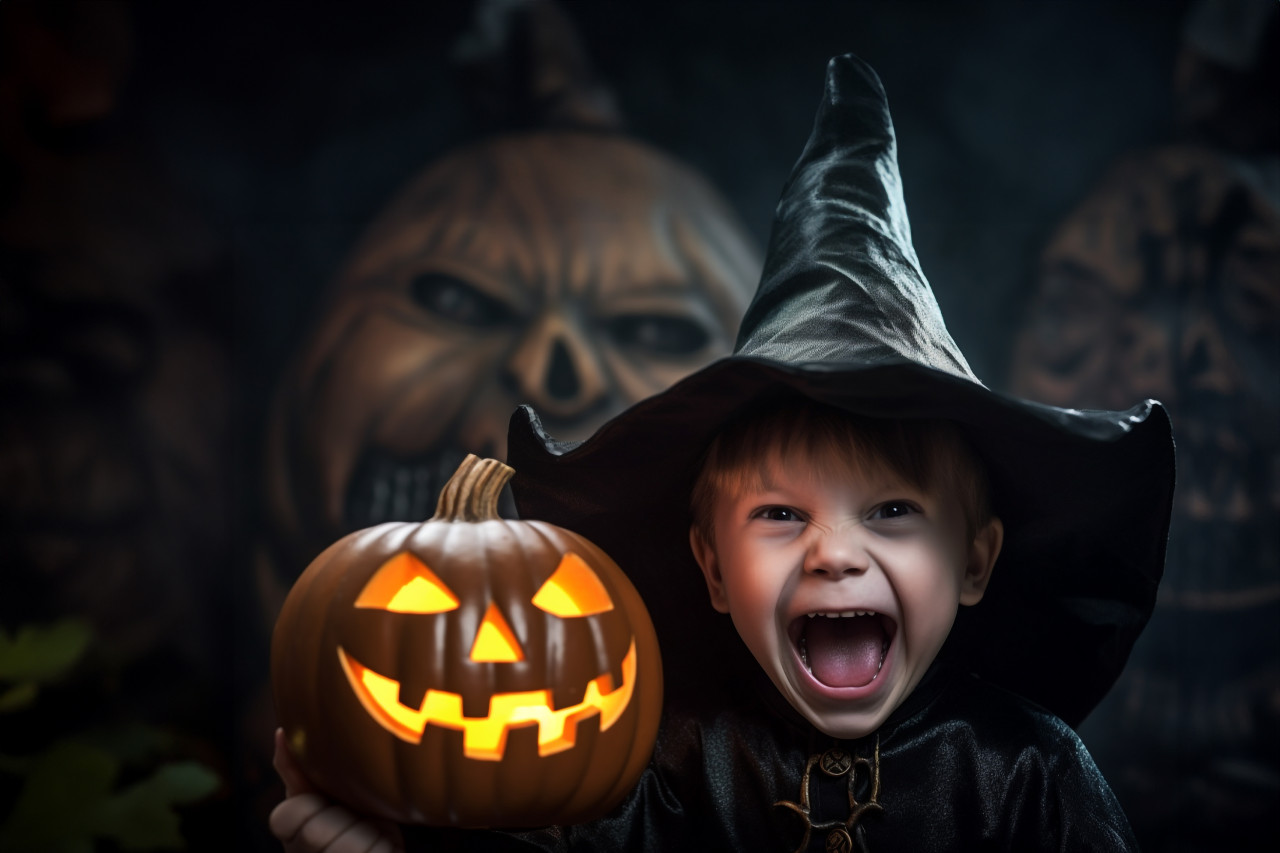 Picture of a small boy wearing a black witch hat and holding a halloween pumpkin. he is having fun, halloween celebration photo