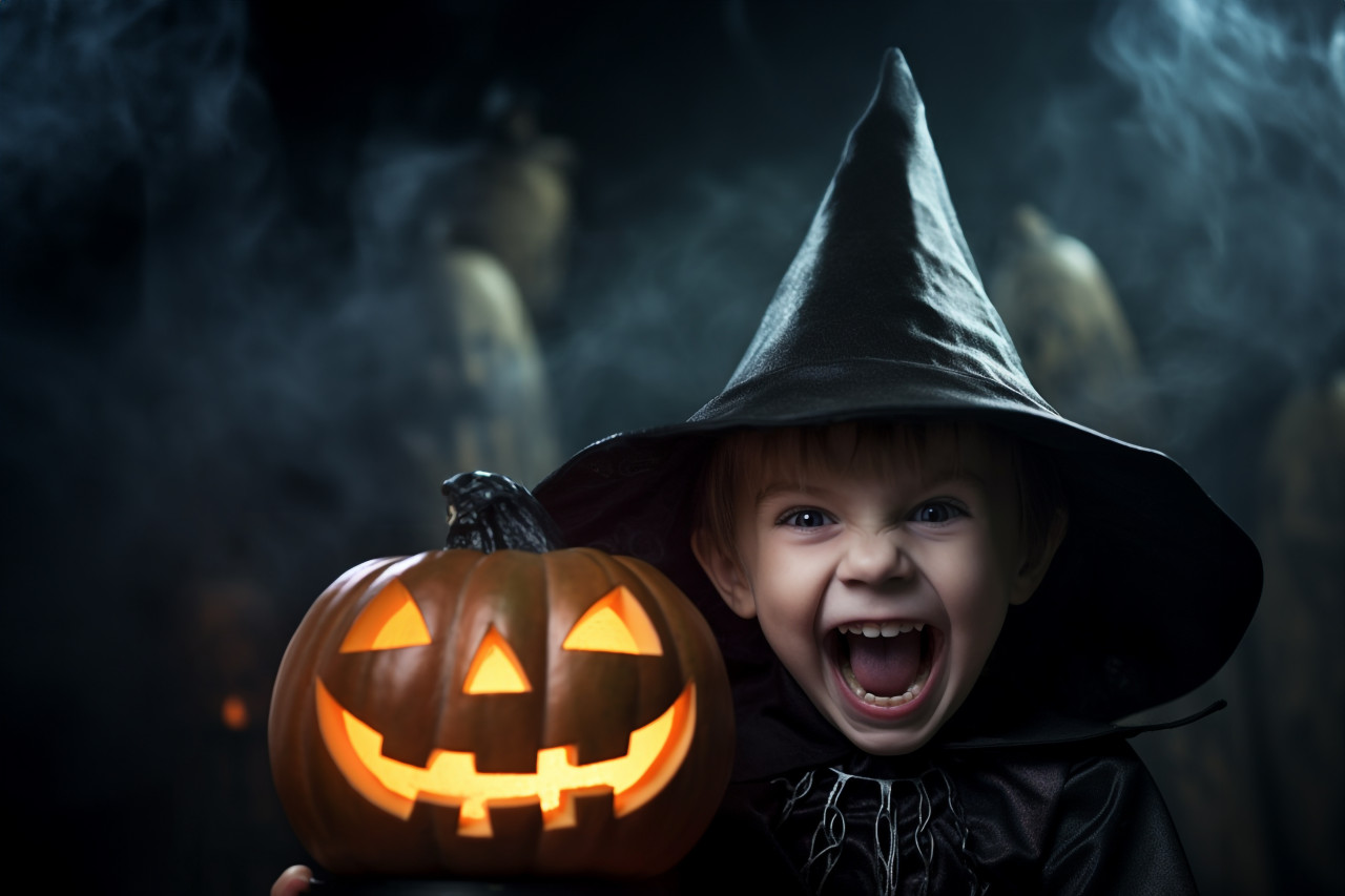 Picture of a small boy wearing a black witch hat and holding a halloween pumpkin. he is having fun, halloween celebration photo