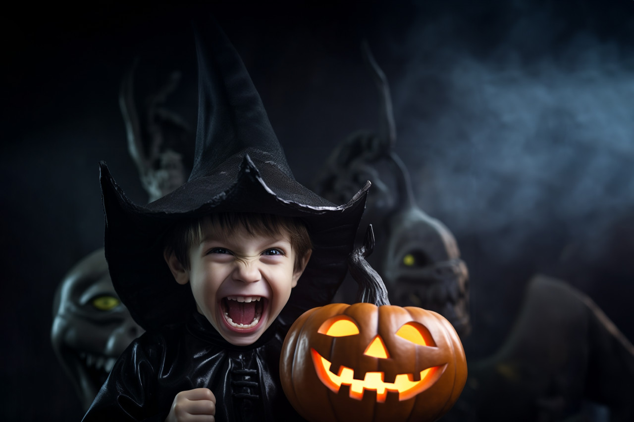 Picture of a small boy wearing a black witch hat and holding a halloween pumpkin. he is having fun, halloween celebration photo