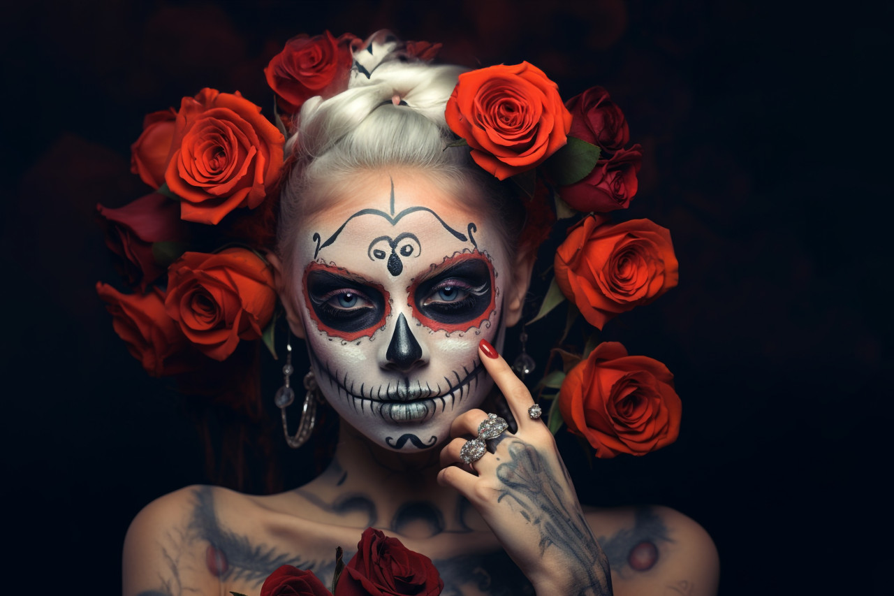 Picture of a young woman with scary makeup and flowers on her head, halloween celebration photo