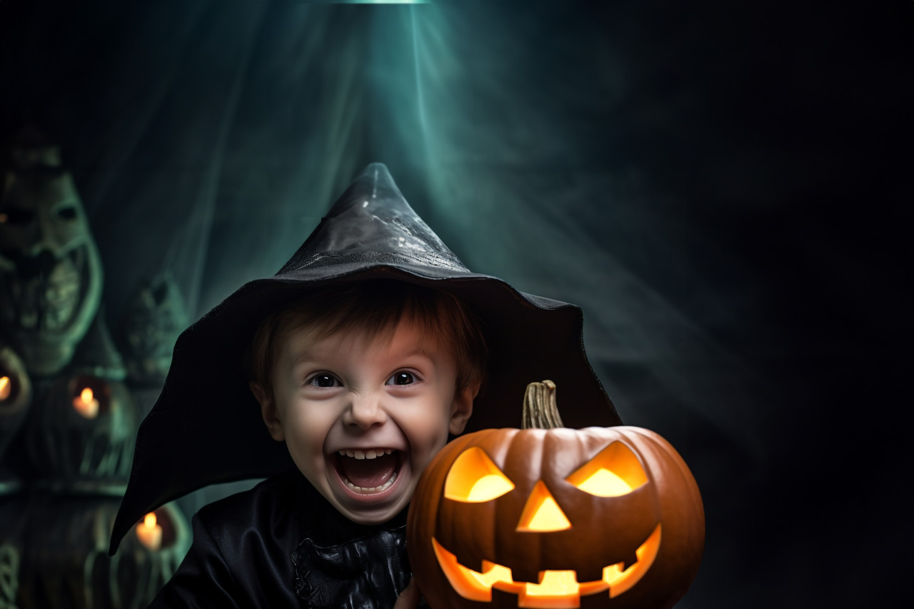 Picture of a small boy wearing a black witch hat and holding a halloween pumpkin. he is having fun, halloween celebration photo