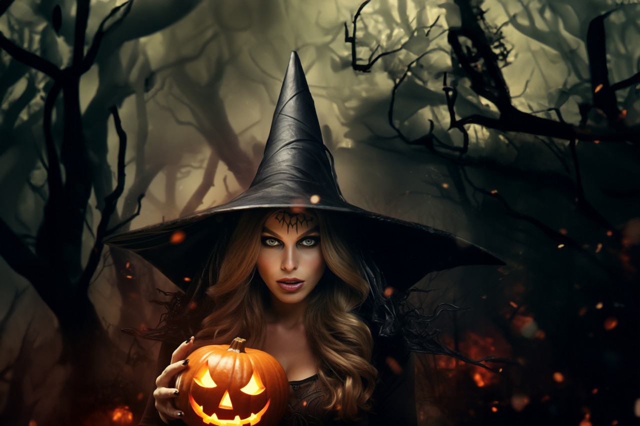 Halloween witch photo: surprised young woman in costume holding pumpkin in dark forest with carved pumpkin and magic lights, halloween celebration photo