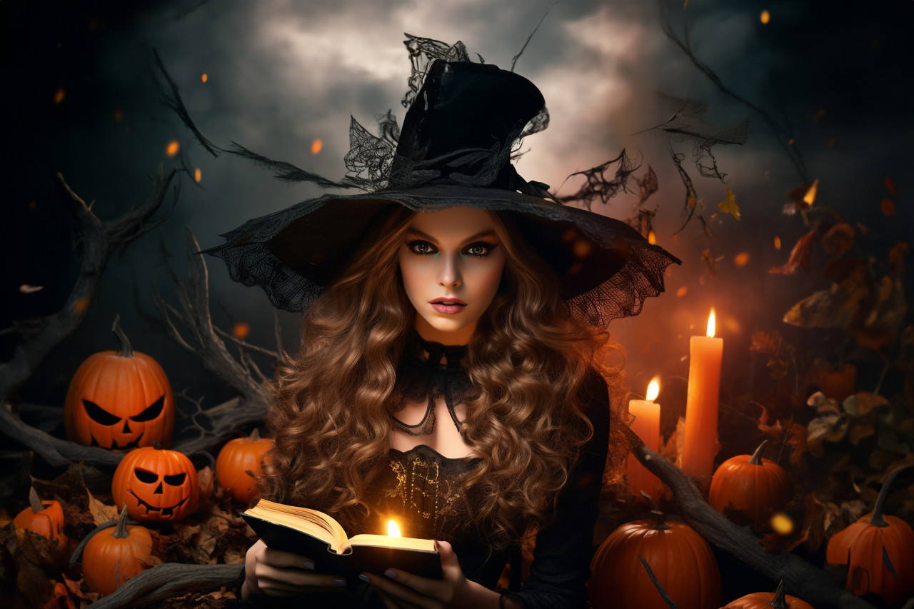 A photo of a young, beautiful woman dressed as a witch for halloween, halloween celebration photo