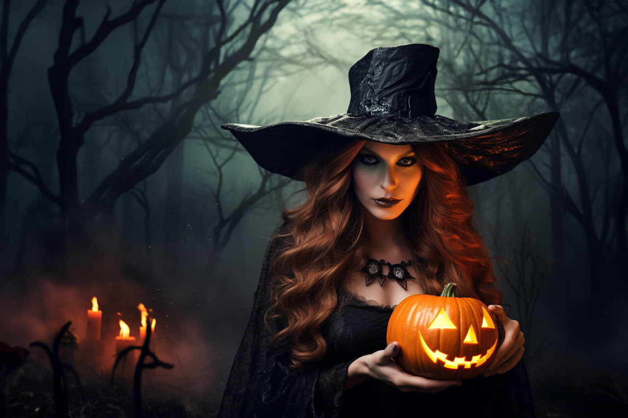 Halloween witch photo: surprised young woman in costume holding pumpkin in dark forest with carved pumpkin and magic lights, halloween celebration photo