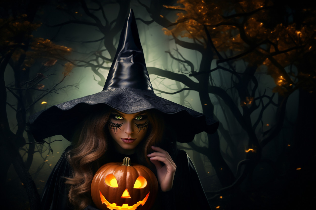 Halloween witch photo: surprised young woman in costume holding pumpkin in dark forest with carved pumpkin and magic lights, halloween celebration photo