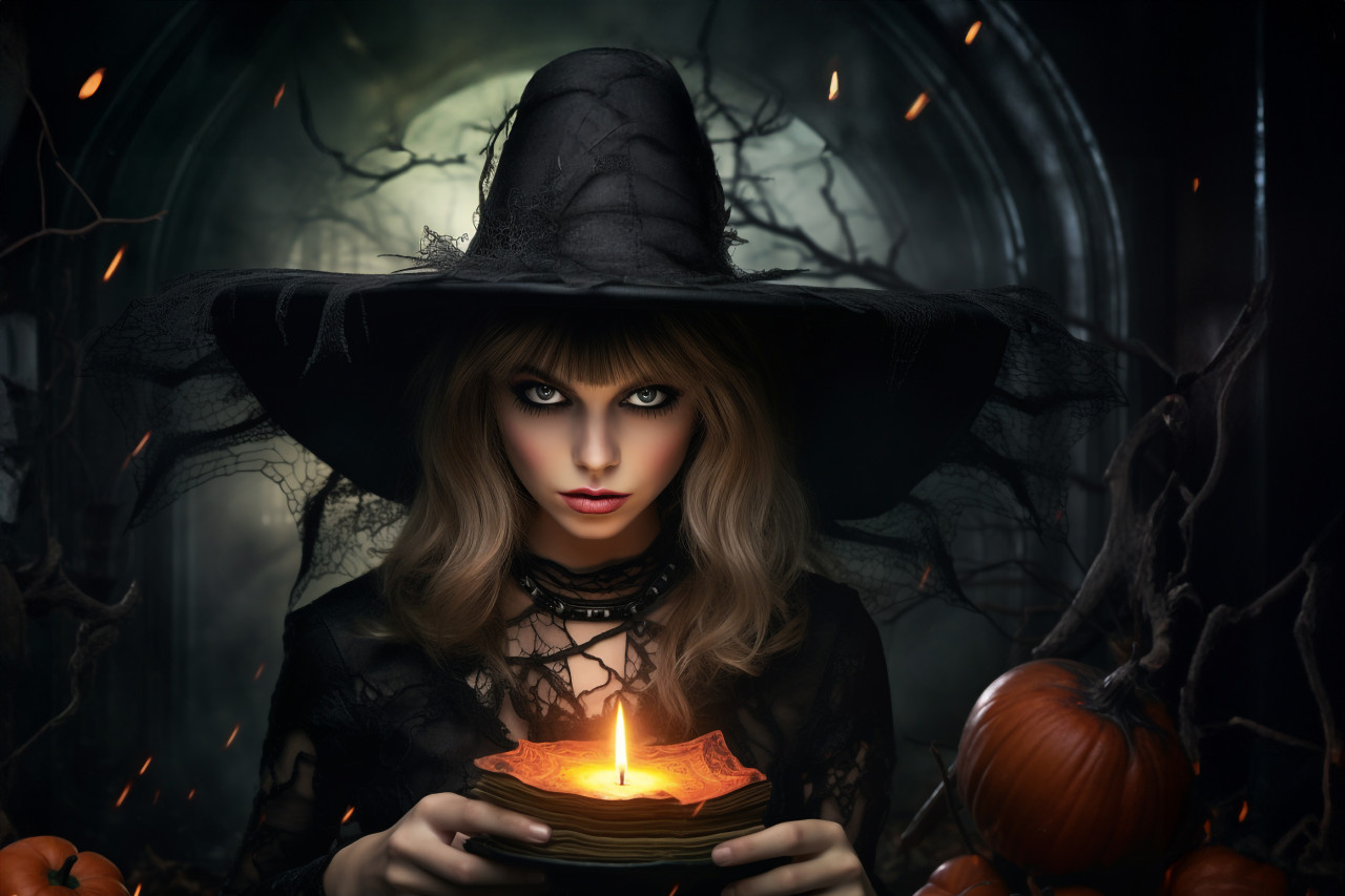 A photo of a young, beautiful woman dressed as a witch for halloween, halloween celebration photo