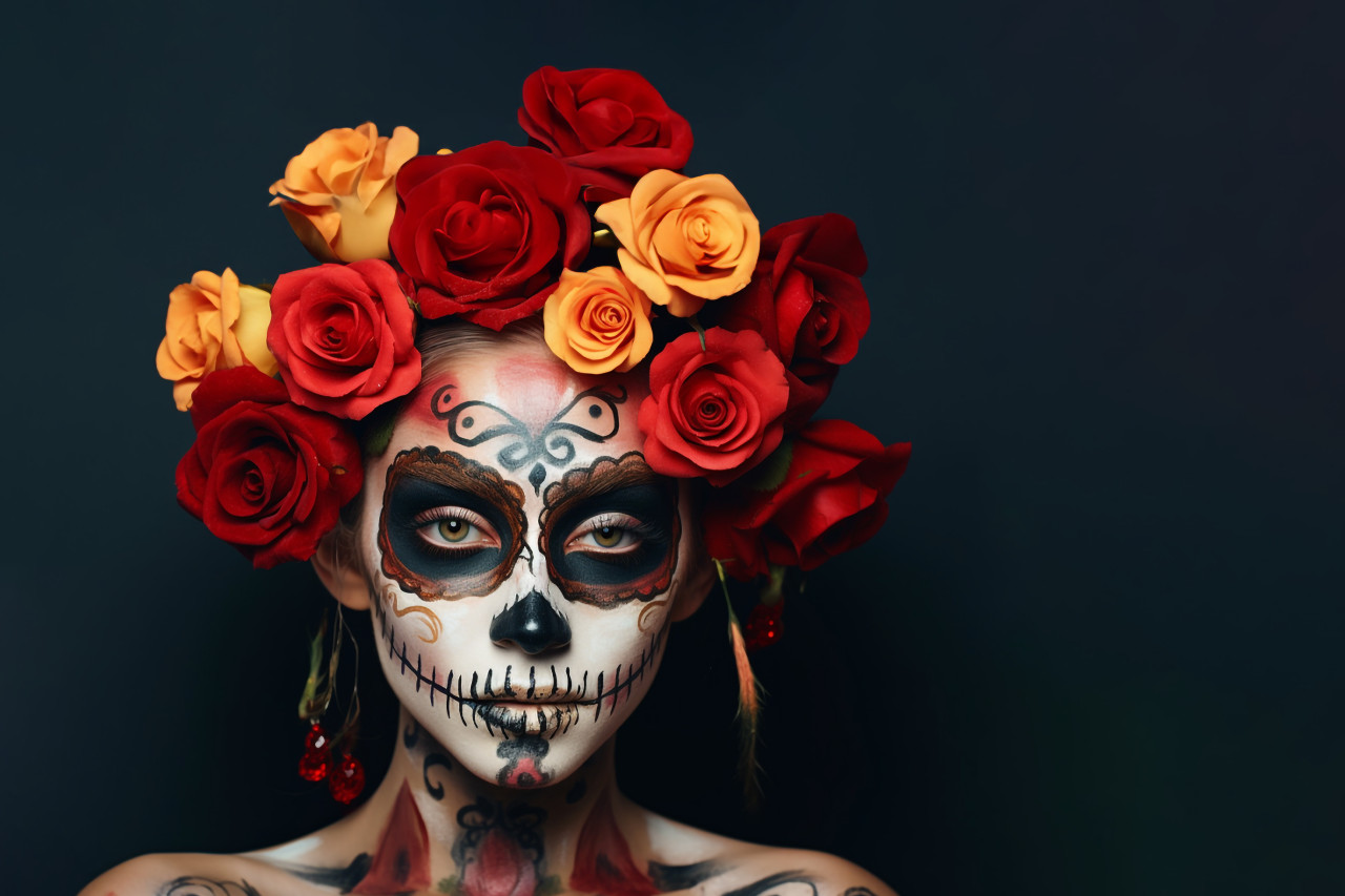 Picture of a young woman with scary makeup and flowers on her head, halloween celebration photo