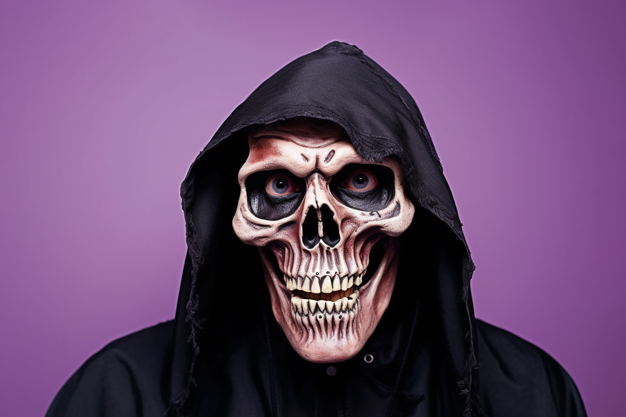 A photo of a man dressed as death, with skeleton makeup on his face and wearing a black cape with a hood, halloween celebration photo