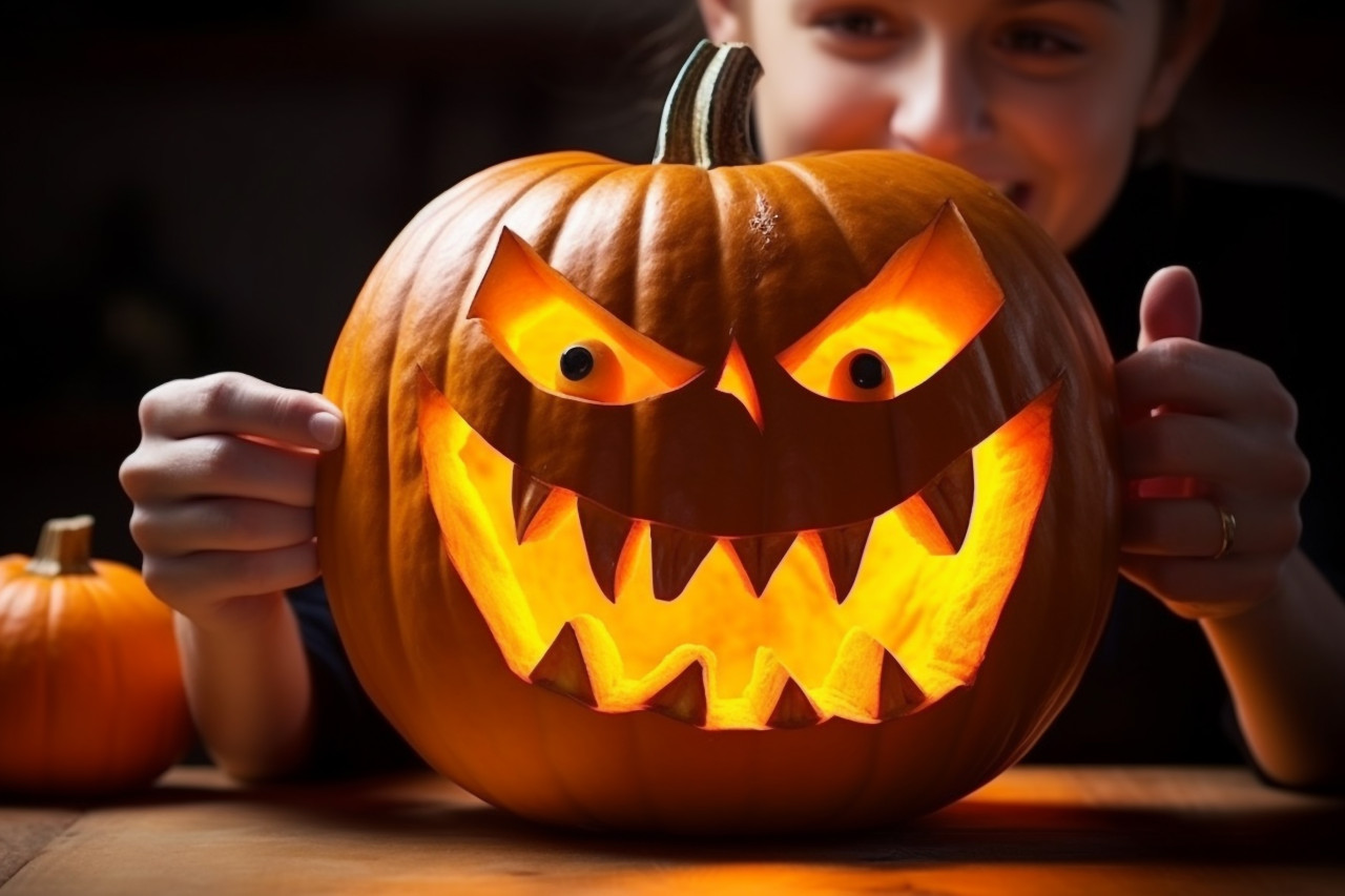 A close up photo of a woman carving a big orange pumpkin for a halloween party at a wooden table in her home, halloween celebration photo