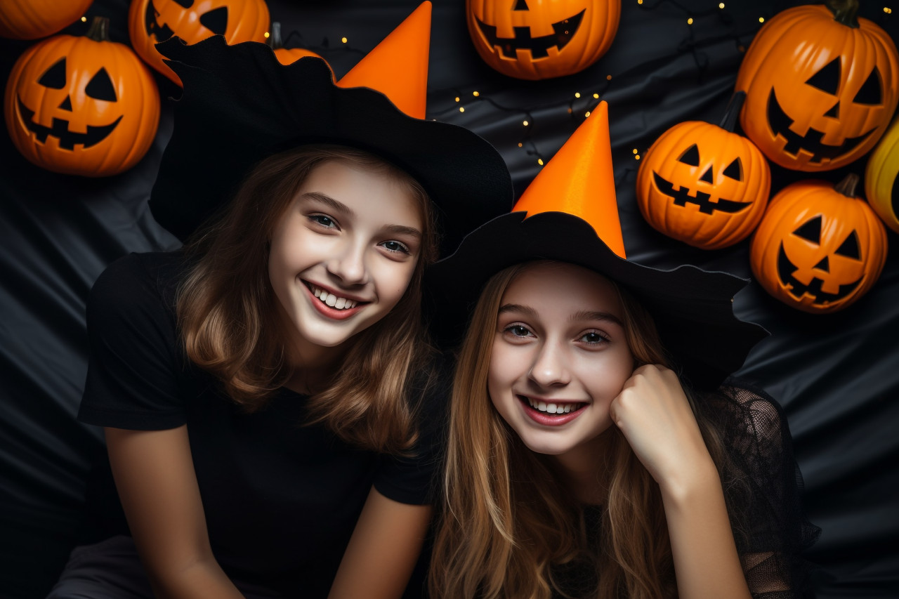 A picture of young people wearing halloween hats and holding pumpkins, halloween celebration photo