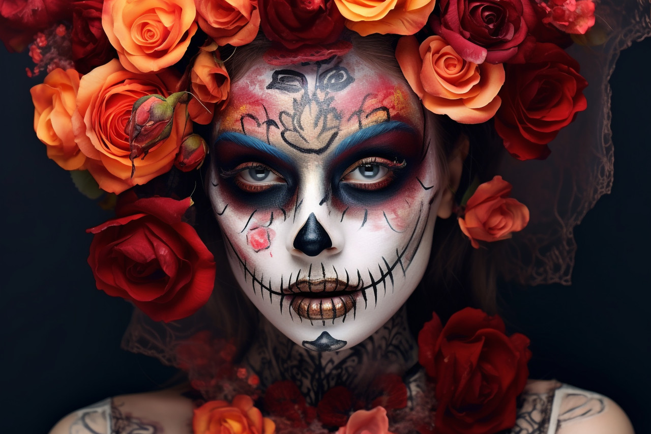 Picture of a young woman with scary makeup and flowers on her head, halloween celebration photo