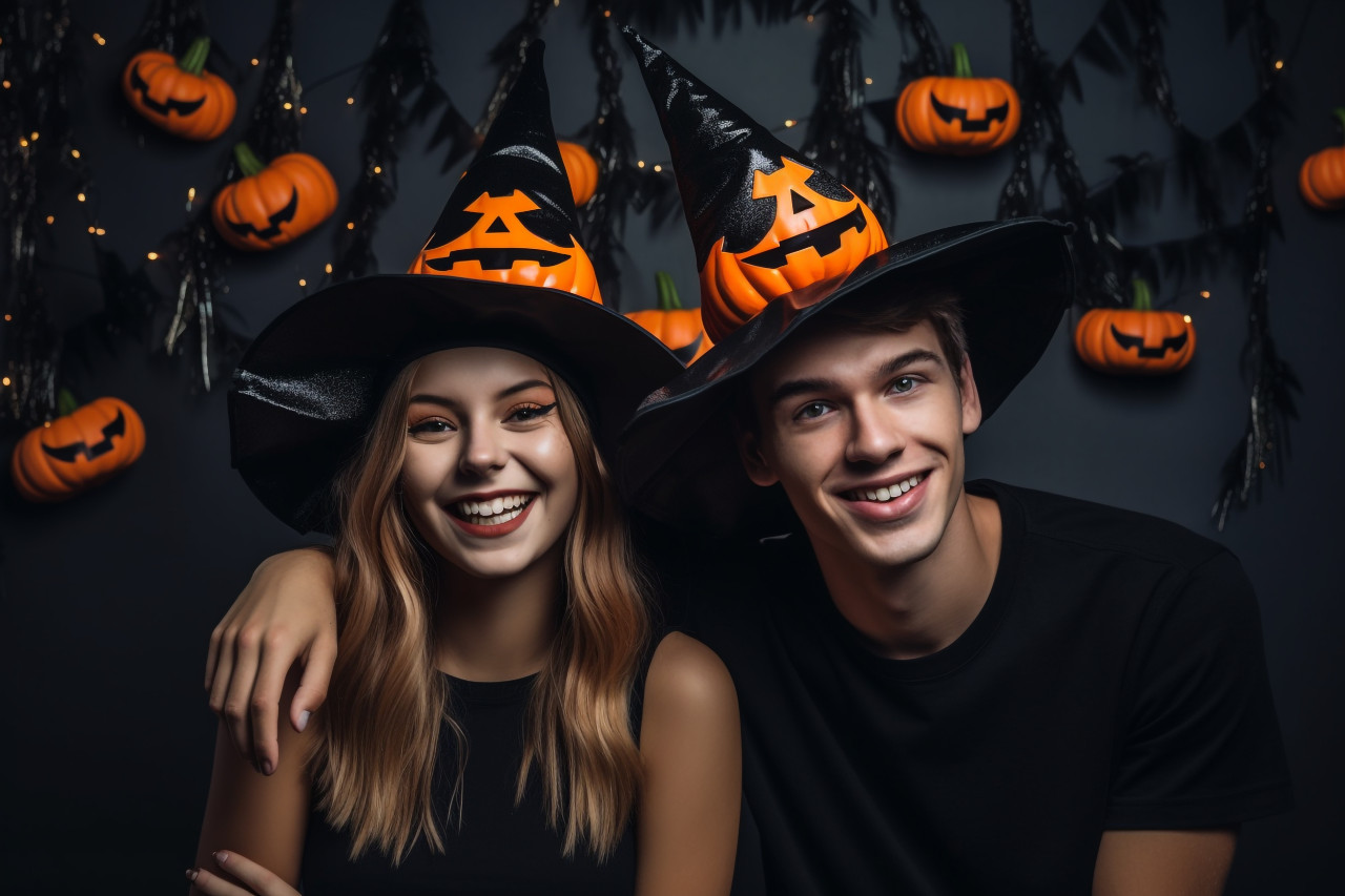 A picture of young people wearing halloween hats and holding pumpkins, halloween celebration photo