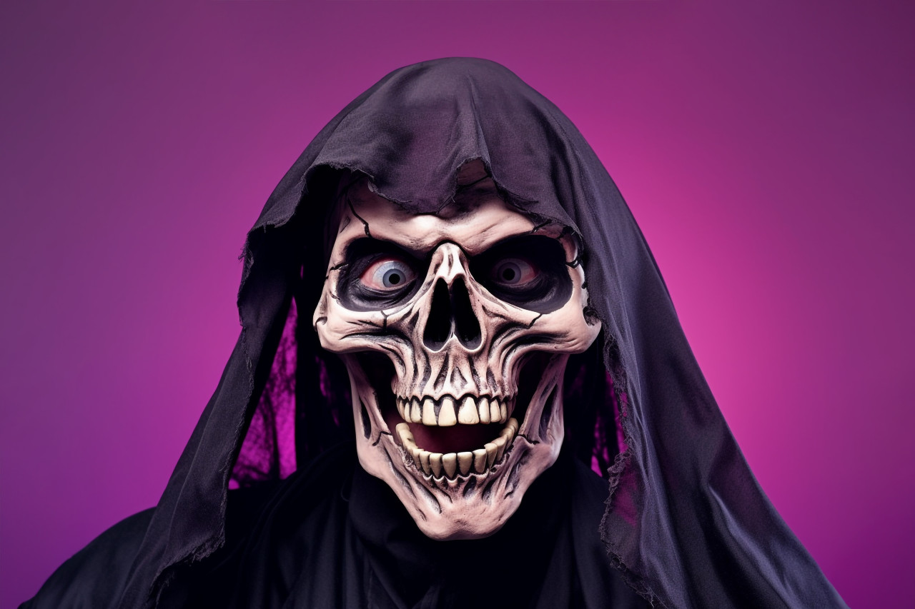 A photo of a man dressed as death, with skeleton makeup on his face and wearing a black cape with a hood, halloween celebration photo