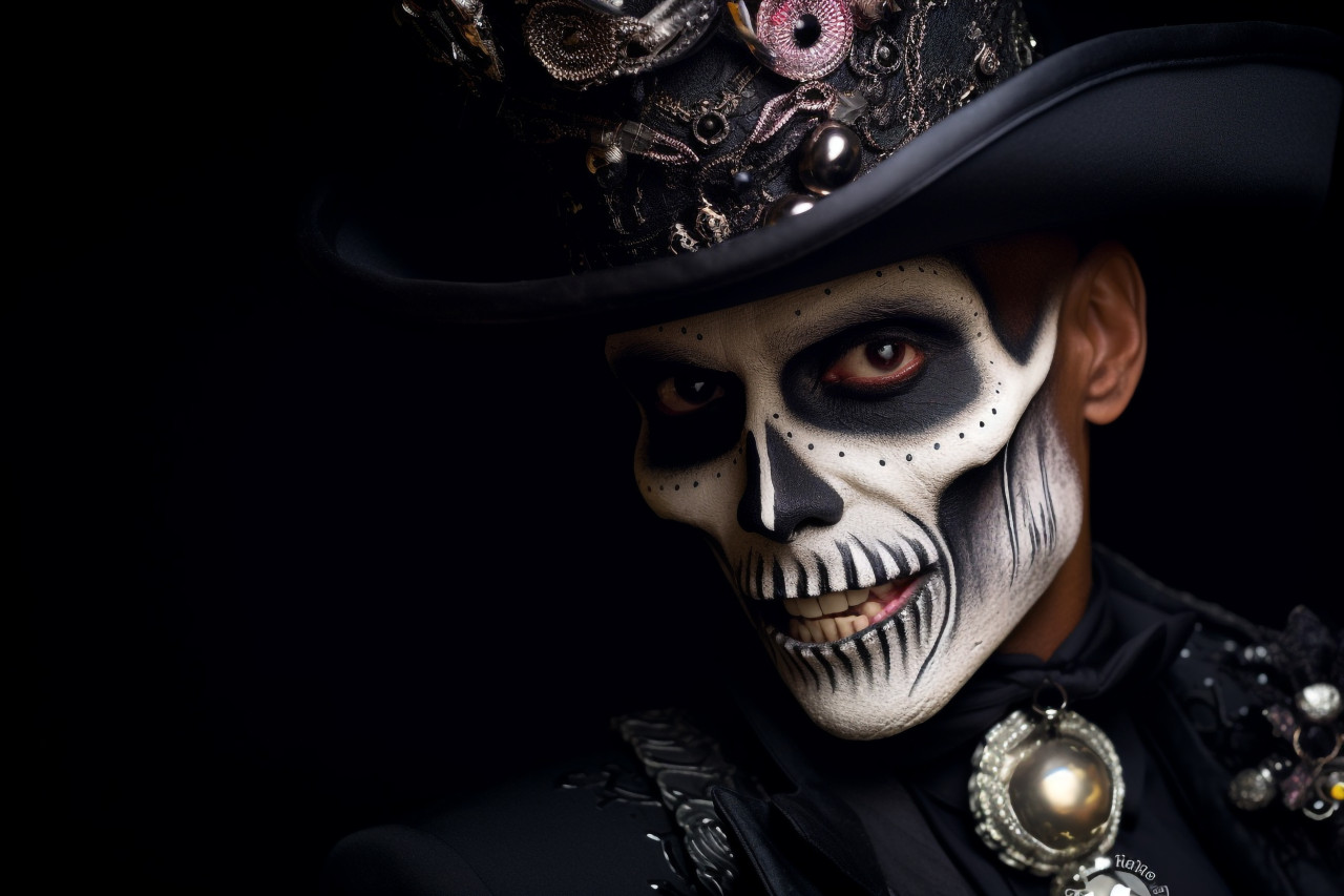 A close up photo of a man with skull makeup, dressed in a tailcoat and top hat, halloween celebration photo