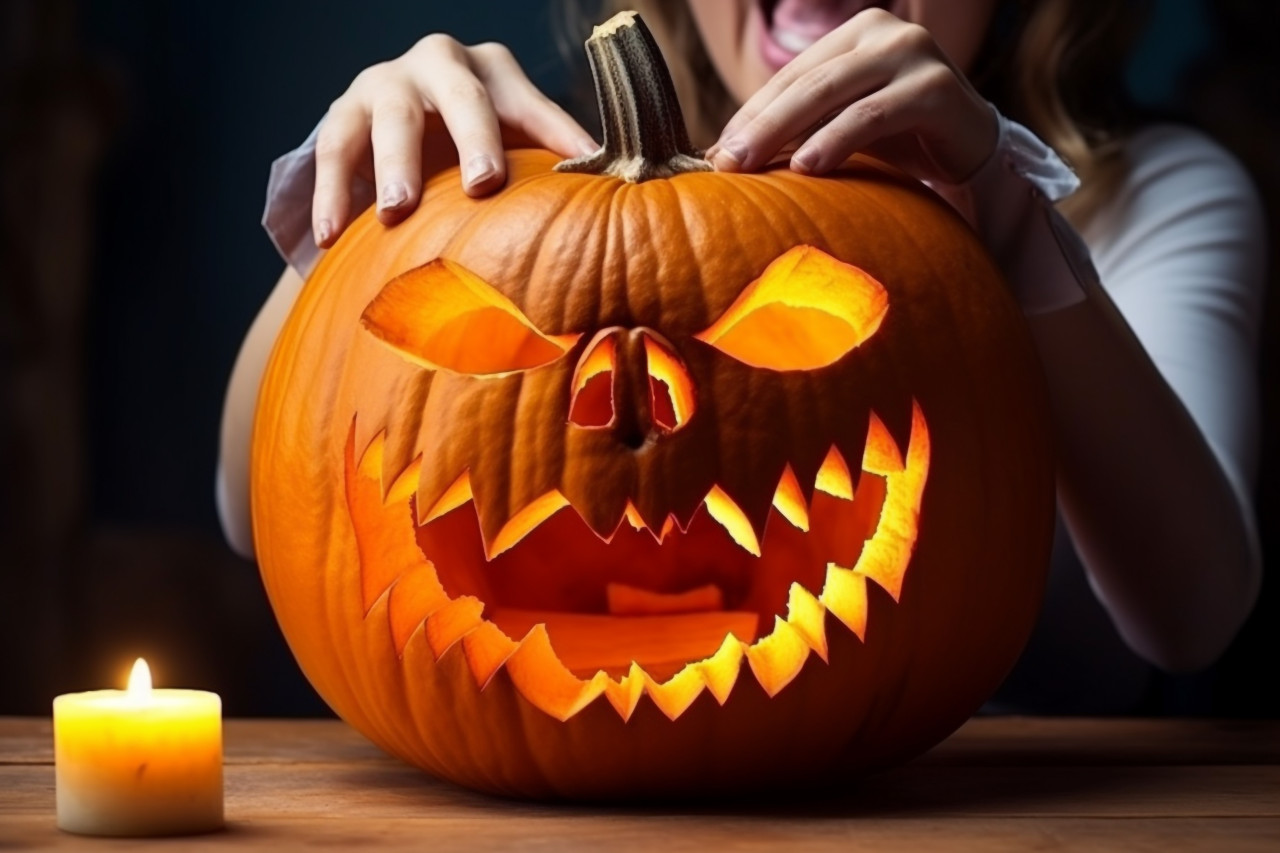 A close up photo of a woman carving a big orange pumpkin for a halloween party at a wooden table in her home, halloween celebration photo