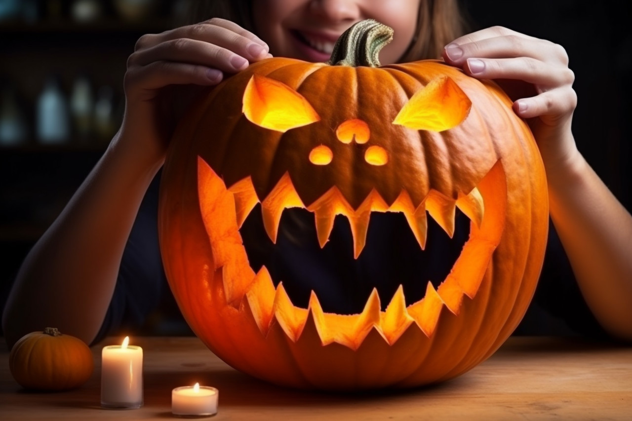 A close up photo of a woman carving a big orange pumpkin for a halloween party at a wooden table in her home, halloween celebration photo