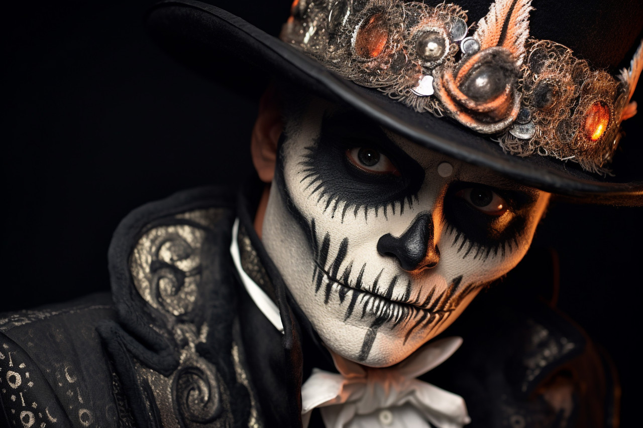 A close up photo of a man with skull makeup, dressed in a tailcoat and top hat, halloween celebration photo
