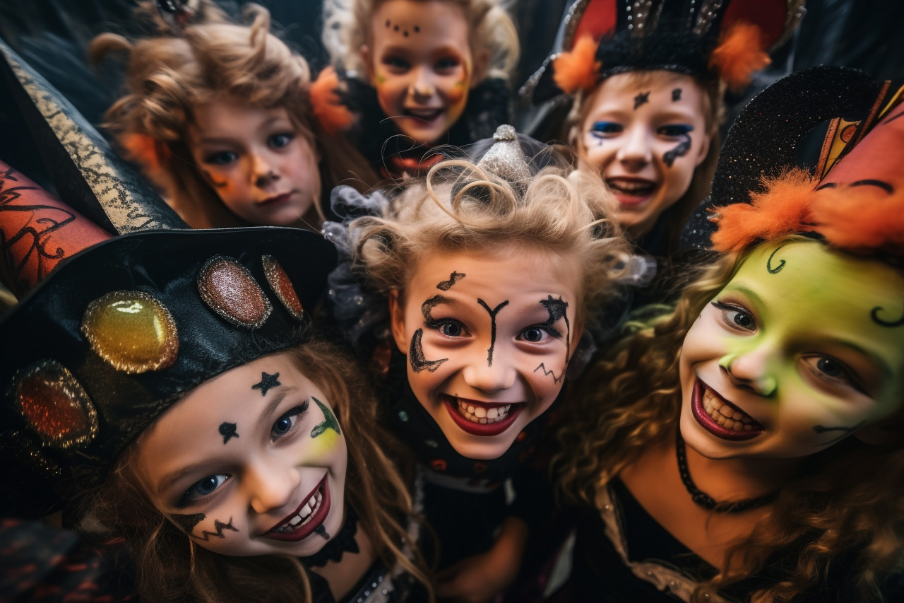 A photo of happy children in halloween costumes celebrating halloween in an old castle, halloween celebration photo