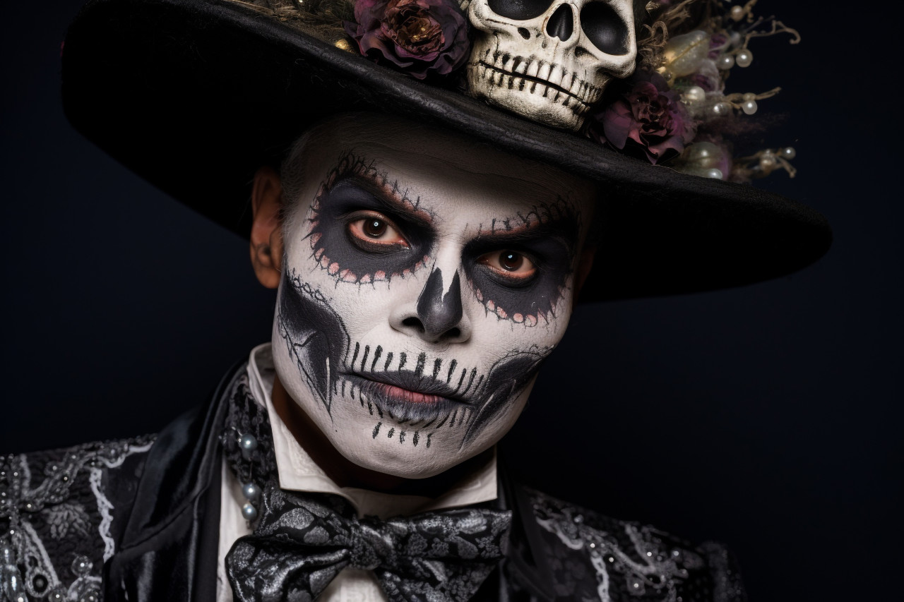 A close up photo of a man with skull makeup, dressed in a tailcoat and top hat, halloween celebration photo