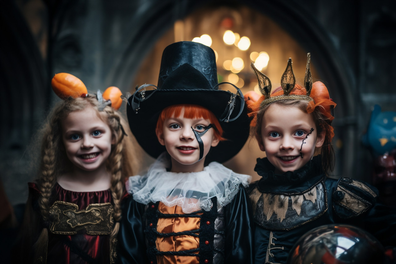 A photo of happy children in halloween costumes celebrating halloween in an old castle, halloween celebration photo