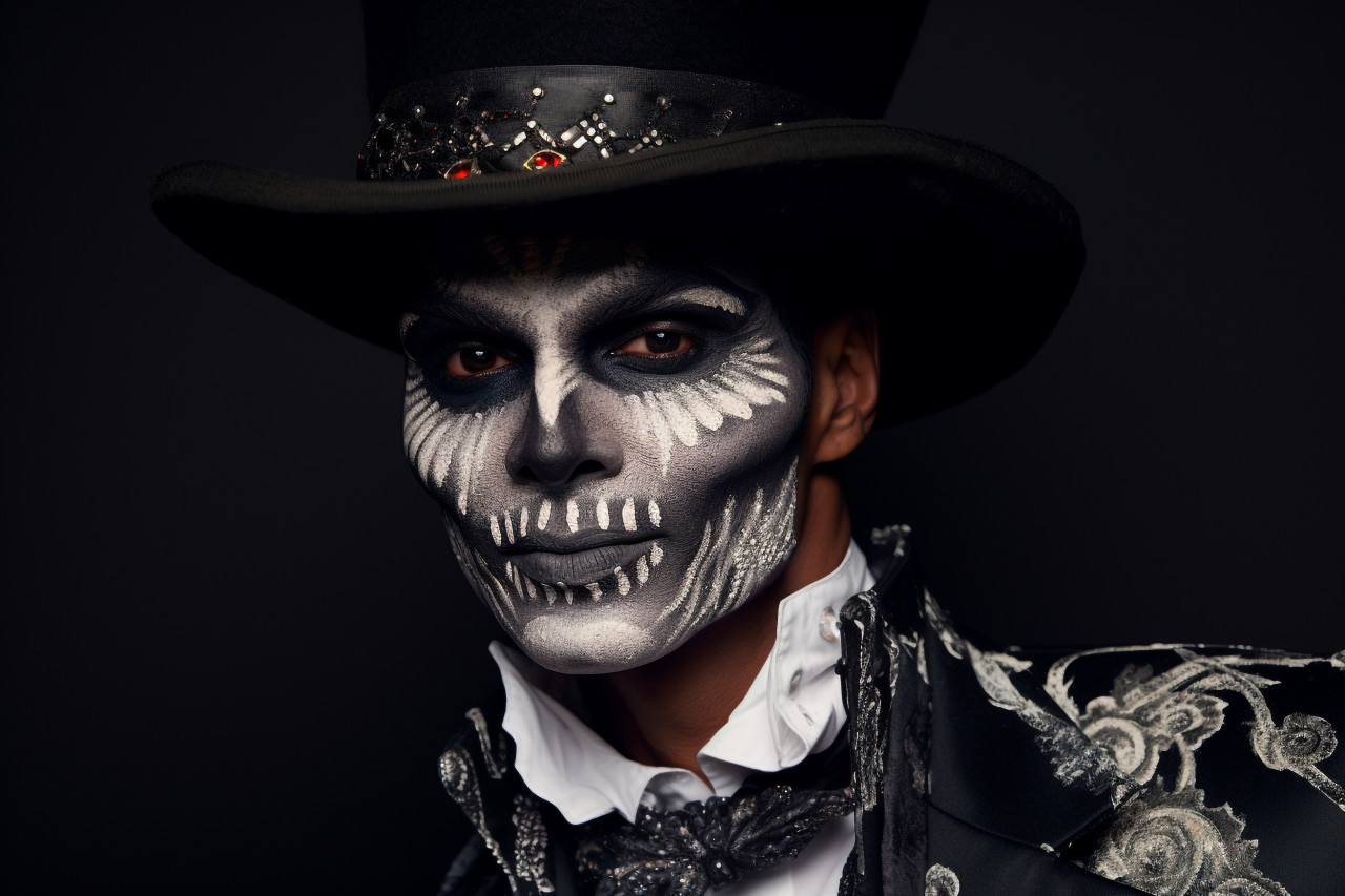 A close up photo of a man with skull makeup, dressed in a tailcoat and top hat, halloween celebration photo