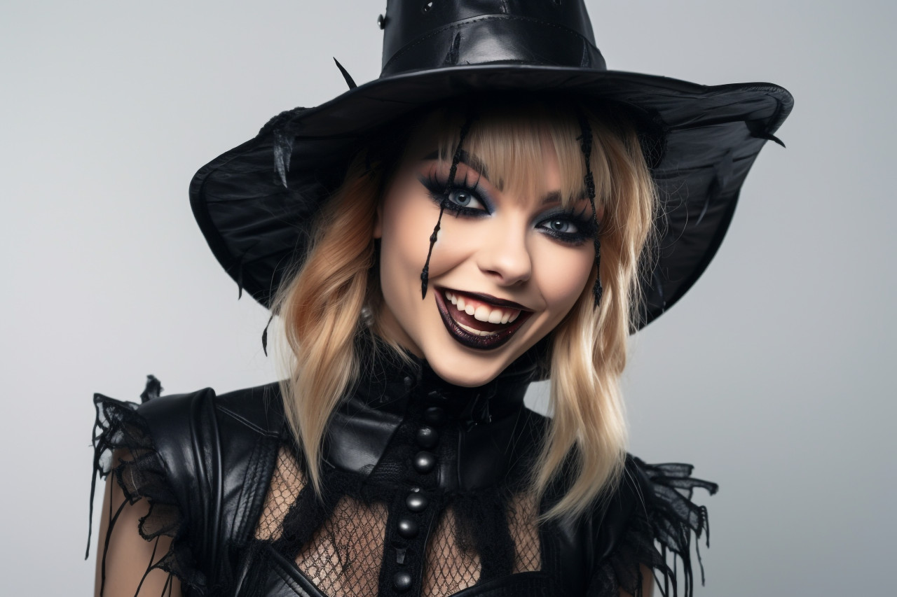 A picture of a happy young woman dressed as a witch for halloween, standing and smiling in front of a white wall, halloween celebration photo