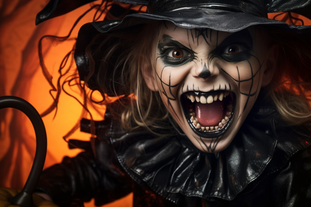 Picture of a happy little girl laughing in a witch costume on halloween, halloween celebration photo