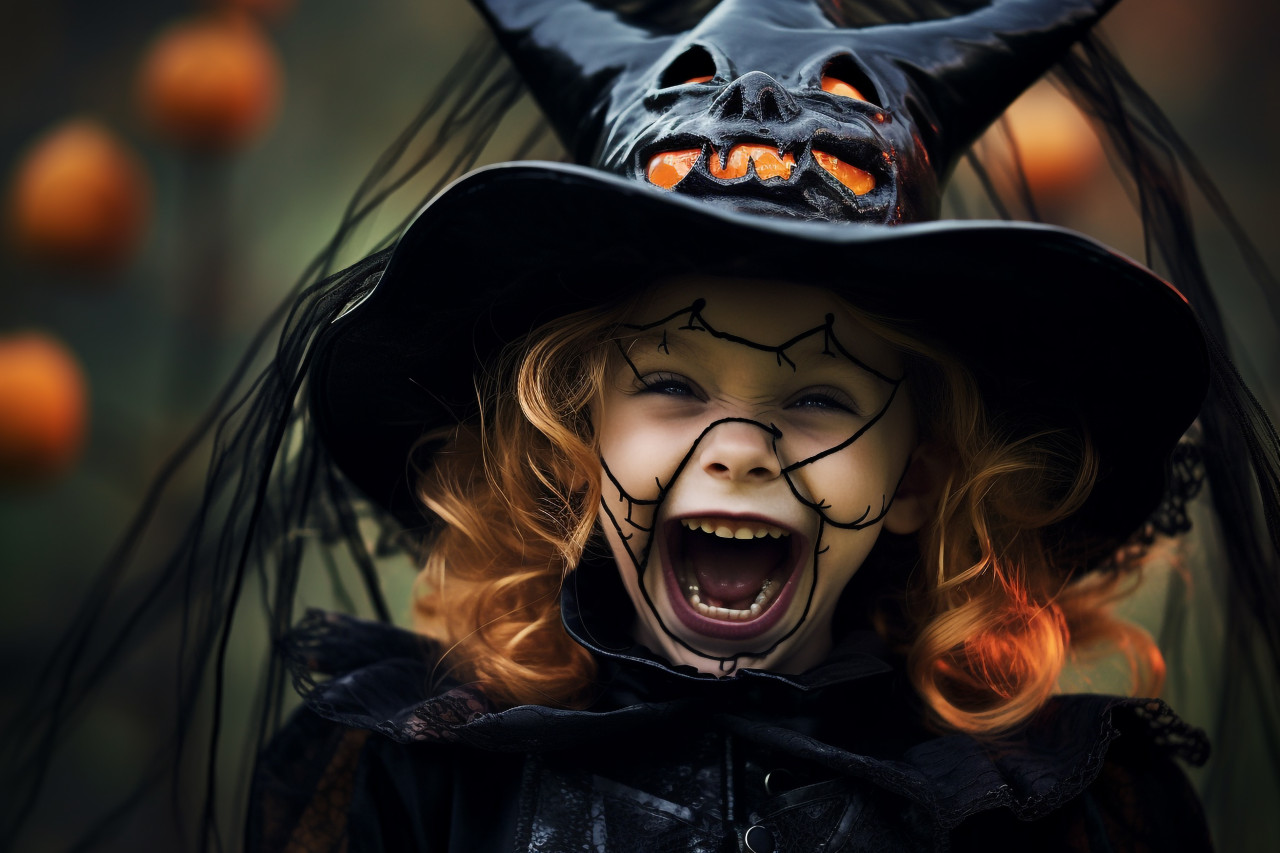 Picture of a happy little girl laughing in a witch costume on halloween, halloween celebration photo
