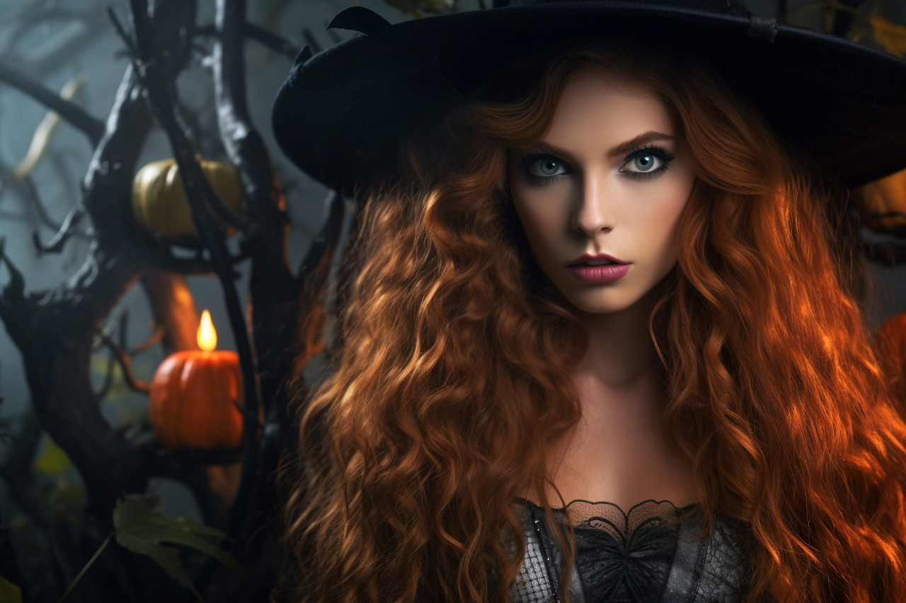 A photo of a young woman in a witch costume with long, curly red hair and bright lipstick, posing in front of a spooky, halloween celebration photo