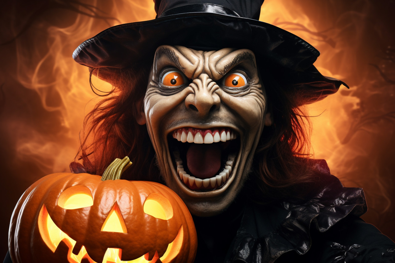 Picture of a happy little girl laughing in a witch costume on halloween, halloween celebration photo