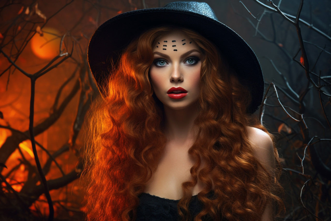 A photo of a young woman in a witch costume with long, curly red hair and bright lipstick, posing in front of a spooky, halloween celebration photo