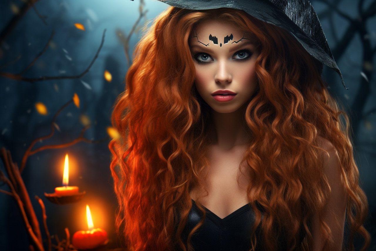 A photo of a young woman in a witch costume with long, curly red hair and bright lipstick, posing in front of a spooky, halloween celebration photo