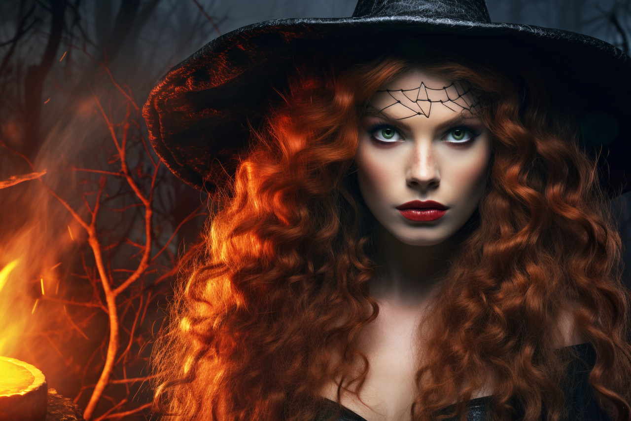 A photo of a young woman in a witch costume with long, curly red hair and bright lipstick, posing in front of a spooky, halloween celebration photo