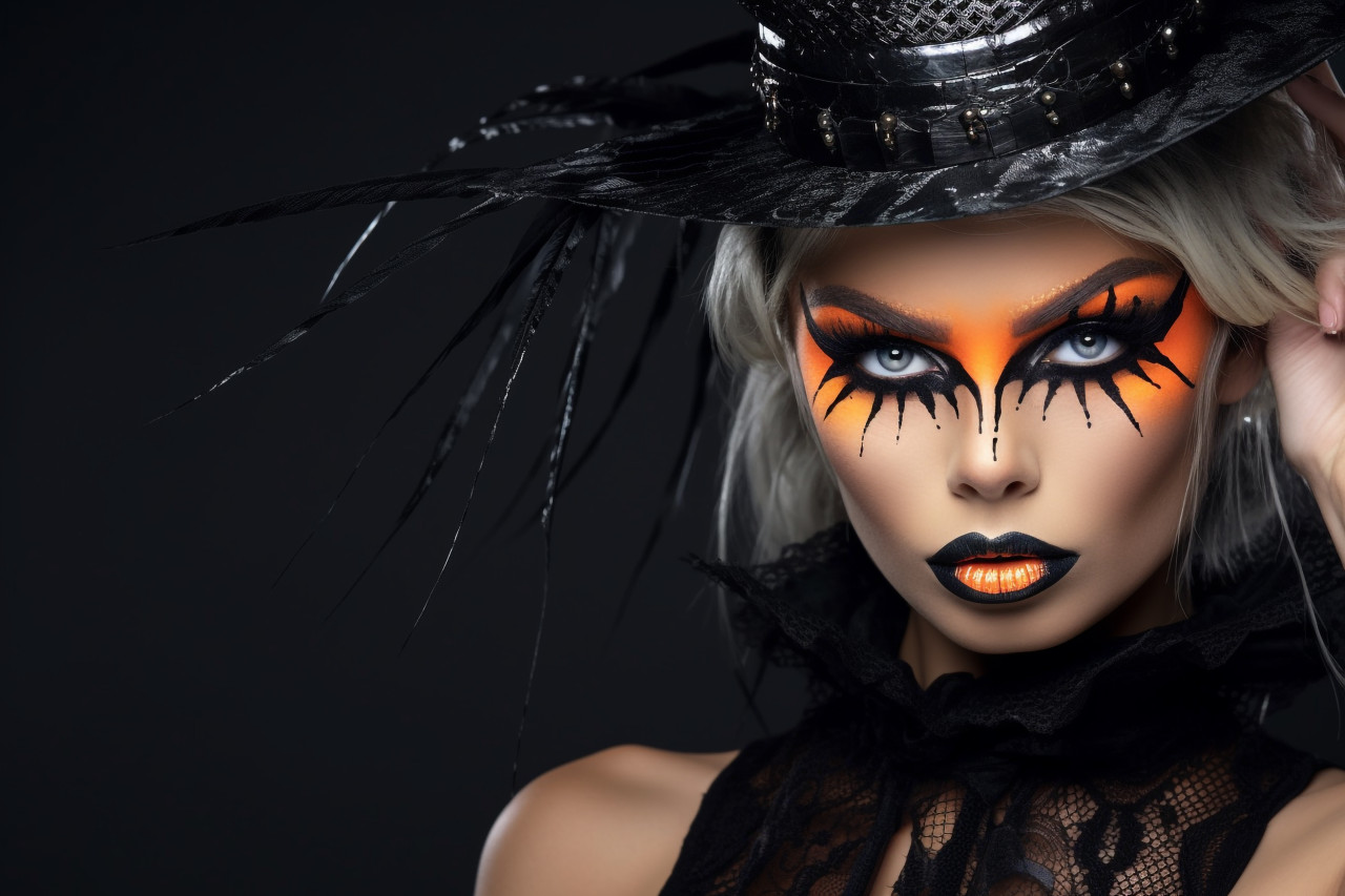Photo of a beautiful woman with bright black halloween makeup on a gray background, halloween celebration photo