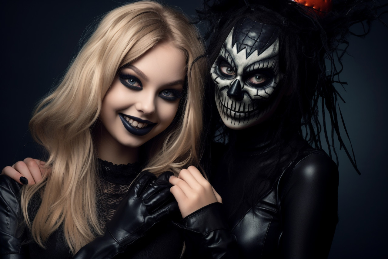A picture of two happy young women wearing black halloween costumes, halloween celebration photo