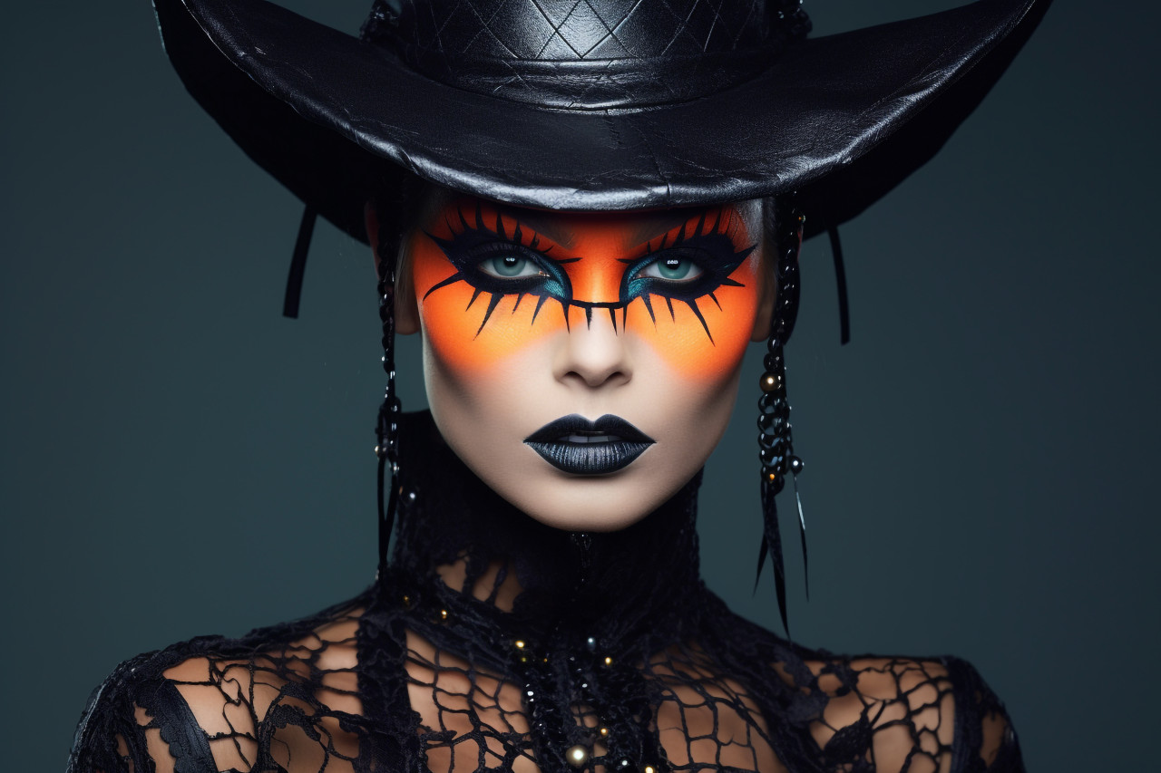 Photo of a beautiful woman with bright black halloween makeup on a gray background, halloween celebration photo