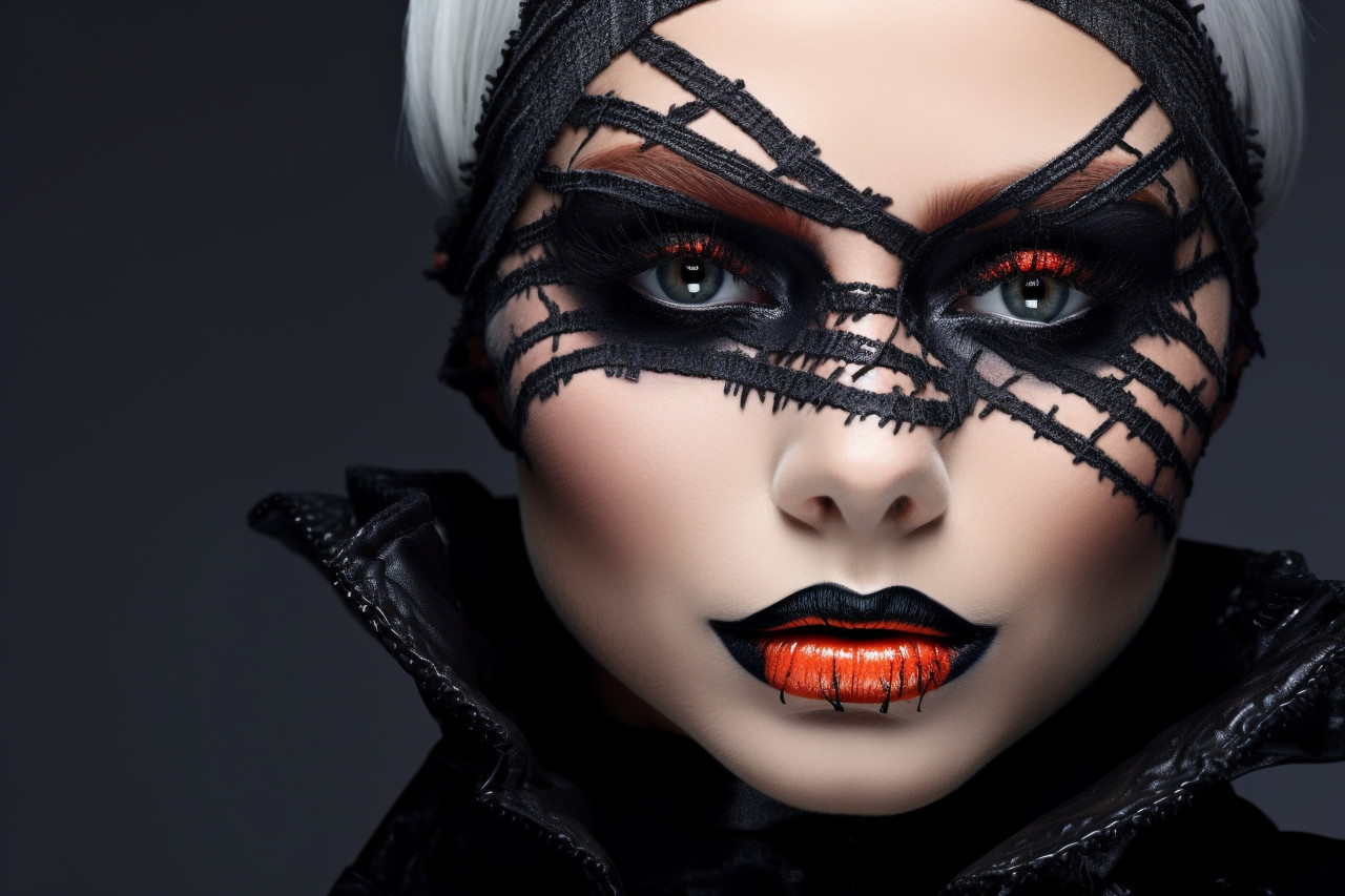 Photo of a beautiful woman with bright black halloween makeup on a gray background, halloween celebration photo