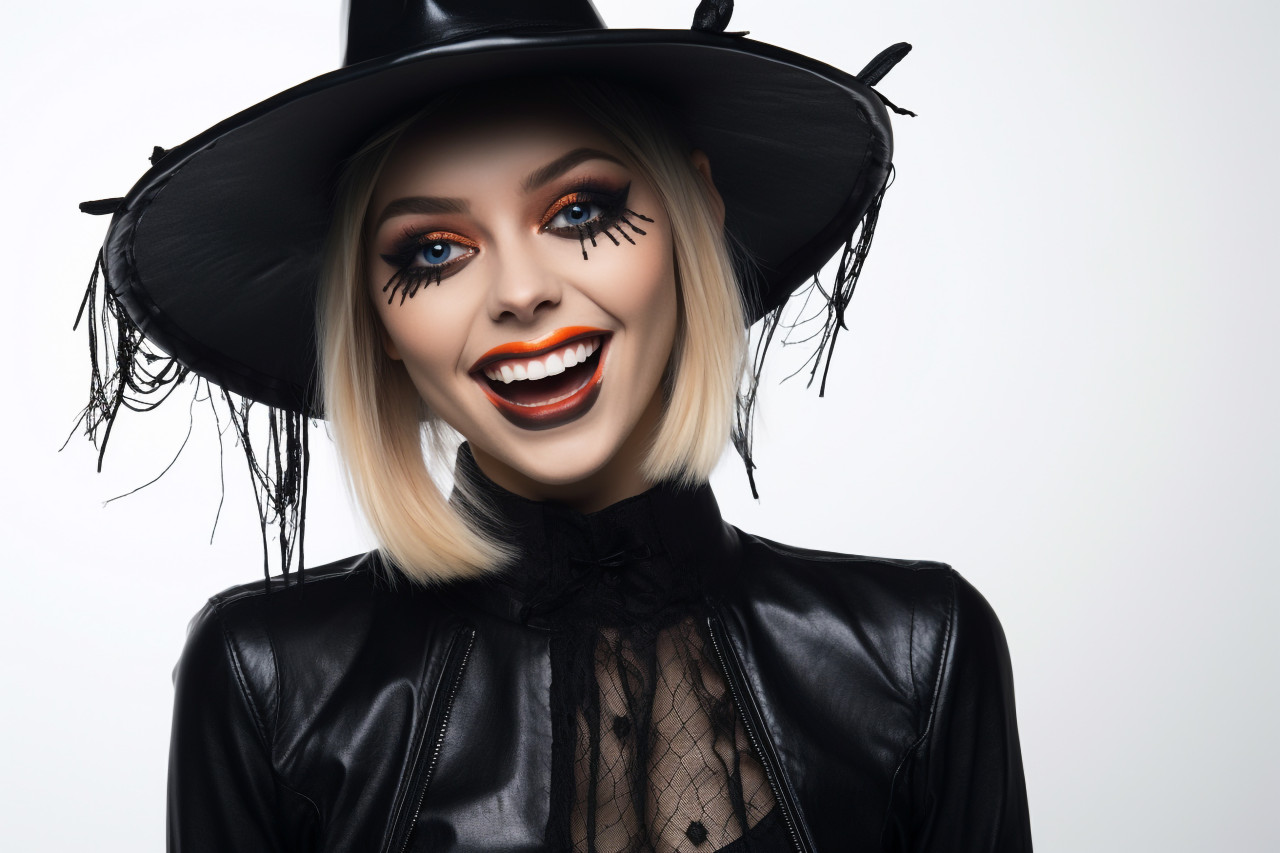 A picture of a happy young woman dressed as a witch for halloween, standing and smiling in front of a white wall, halloween celebration photo