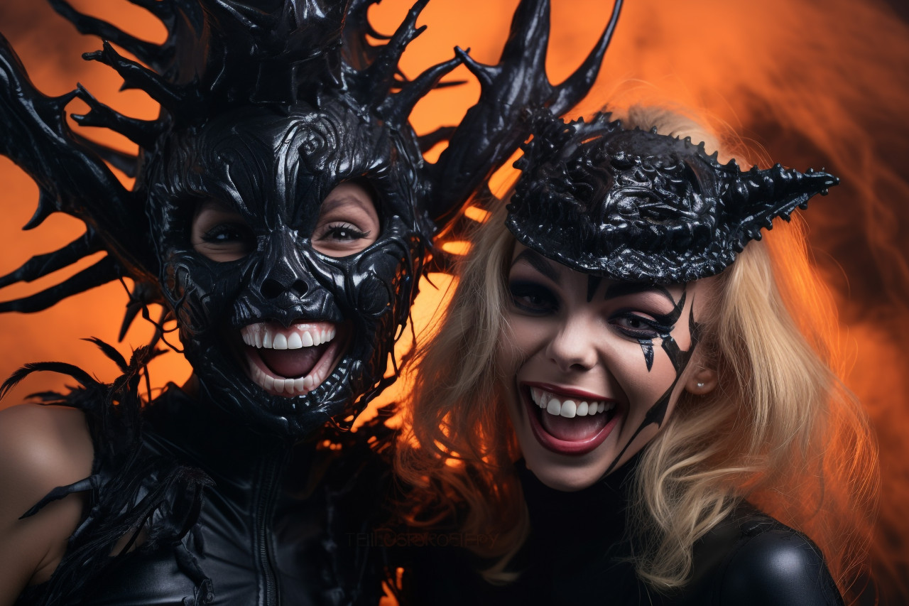 A picture of two happy young women wearing black halloween costumes, halloween celebration photo