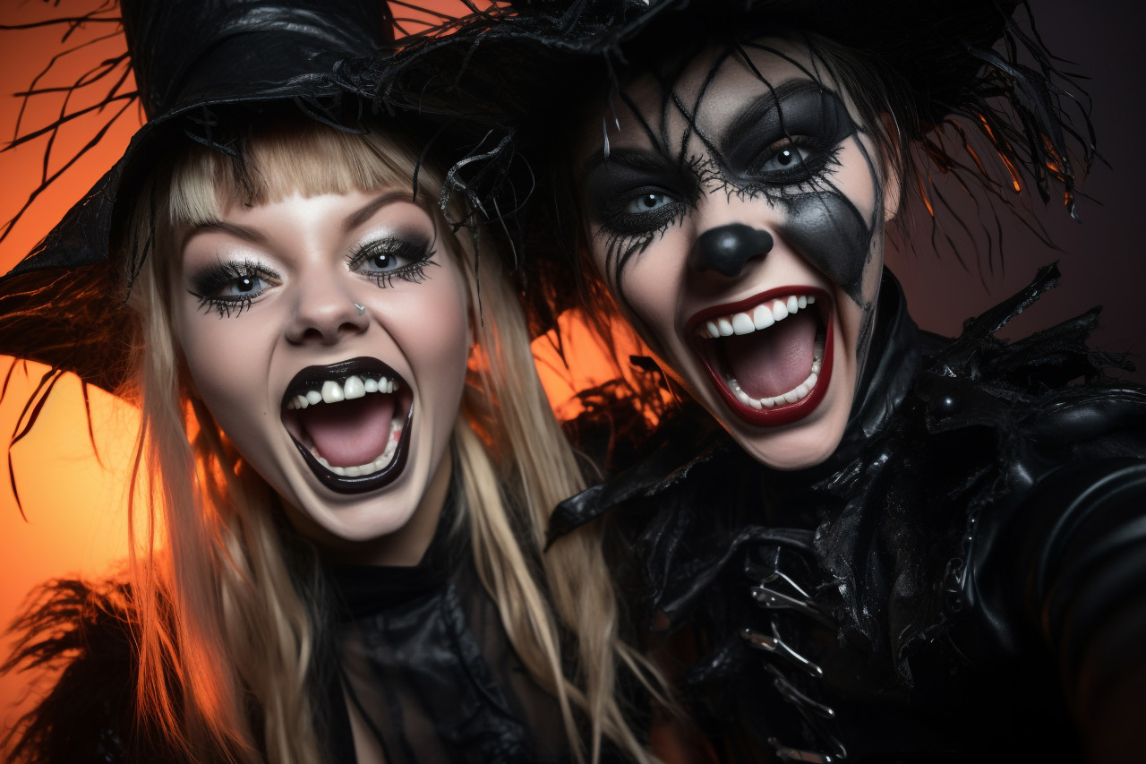 A picture of two happy young women wearing black halloween costumes, halloween celebration photo
