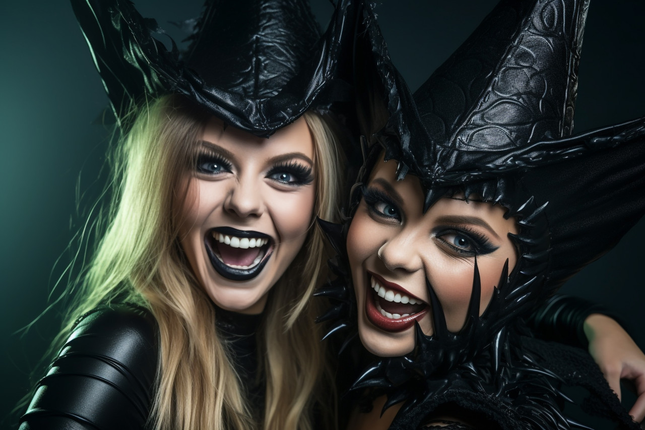 A picture of two happy young women wearing black halloween costumes, halloween celebration photo