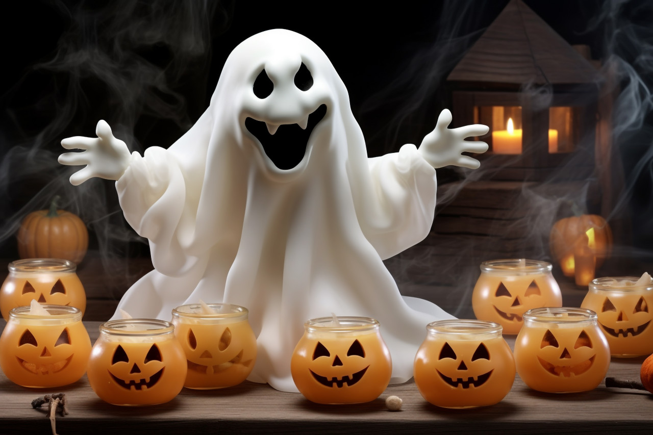 A photo of a white ghost with a pumpkin candy jar trick or treating in front of curved pumpkins, halloween celebration photo
