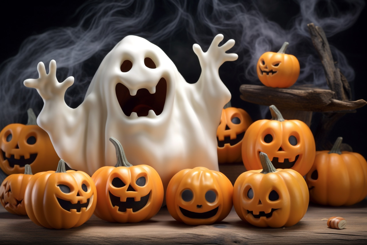 A photo of a white ghost with a pumpkin candy jar trick or treating in front of curved pumpkins, halloween celebration photo