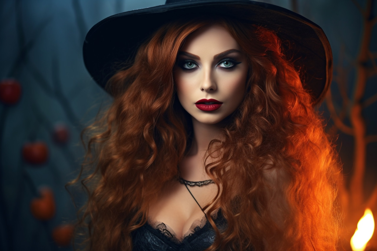 A photo of a beautiful young woman in a sexy witch costume for halloween, halloween celebration pictures