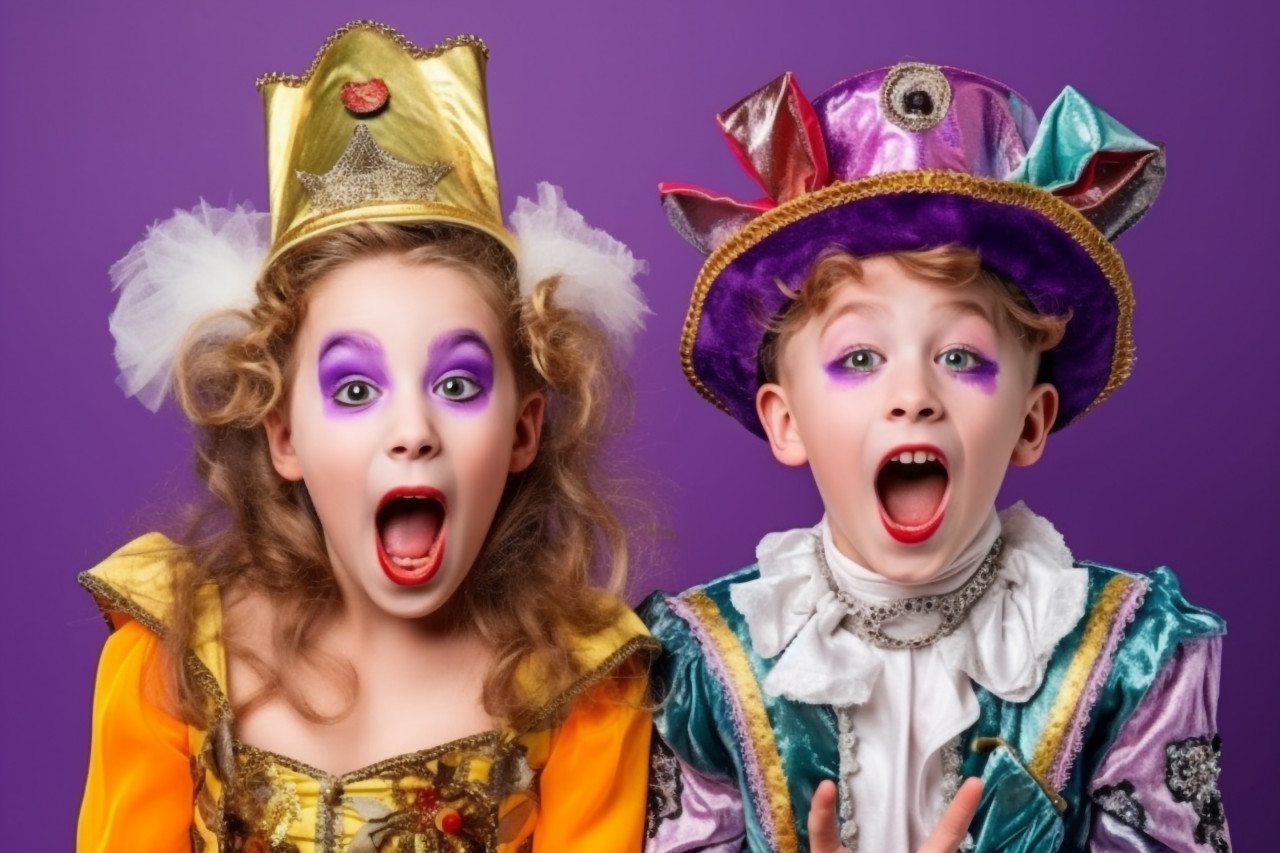 A photo of happy children in carnival costumes and makeup making a scary face on a bright purple background, halloween celebration photo